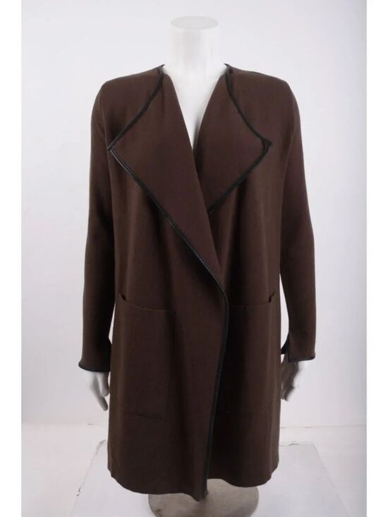 Zara Sweaters - Zara Knit Womens Sweater Small Brown Cardigan Faux Leather Trim Open Front EUC